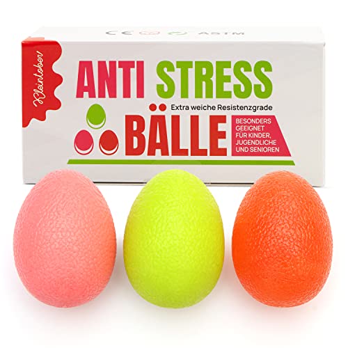 KLEINTOBER Eiförmige Antistressbälle | 3 Stück Griffbälle für Entspannung, als Fingertrainer und für die Motorik, verschiedene Härtegrade | Anti-Stress-Ball von Kleintober