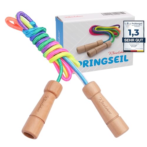 KLEINTOBER premium Springseil Kinder Hüpfseil Set Seil mit Mitteverstärker 220cm verstellbar Rainbow Anleitung für Seilspringen I Urkunde für Motivation ideal als Geschenk, Baumwolle, Holz von Kleintober