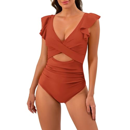 KmoNo Women's Ruffled One-Piece Swimsuits V Neck, Tummy Control Cutout High Waisted Bathing Suit, Wrap Tie Back Swim Suits for Women, Push Up Twist Front Swimwear (Coffee,Large) von KmoNo