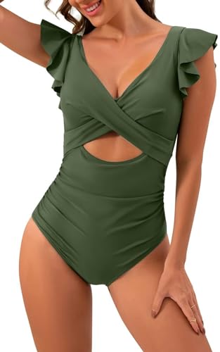 KmoNo Women's Ruffled One-Piece Swimsuits V Neck, Tummy Control Cutout High Waisted Bathing Suit, Wrap Tie Back Swim Suits for Women, Push Up Twist Front Swimwear (Green,X-Large) von KmoNo