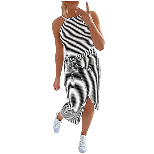 Kolylong® Kleid Damen Neckholder Streifen Sommerkleid Ärmellos Sexy Freizeitkleid mit schlitz Elegant Tunika kleid Sommer Minikleid mit Gürtel Strandkleid Slim Fit Midikleid für Frauen von Koly-Hundebett