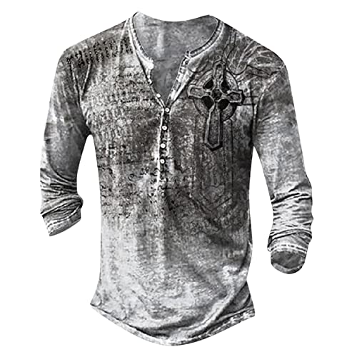 Kolylong® Langarmshirt Herren Modisch Stickerei Drucken Longsleeve Regular Fit Basic Henley-Shirt mit V- Ausschnitt für Männer Langarm-Shirt Leicht Harajuku Hemd Vintage Oberteile mit Knopfleiste von Koly-Hundebett