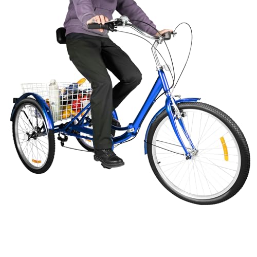 Konfiur Tricycle, 24 Zoll 7-Gang Tricycle, 3 Räder Dreirad Erwachsene mit Korb Rückensitz, Erwachsene Senioren Dreirad, Fahrrad für Erwachsene Picknicks Anfänger Geeignet, Blau von Konfiur