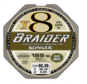 Geflochtene Schnur KONGER Braider Olive Grün 8-Fach Braided Line Angelschnur 150m 0,04mm-0,25mm (0,14mm/17,50kg) von Konger