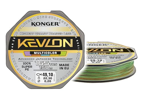 Geflochtene Schnur KONGER KEVLON Multicolor 4-Fach Braided Line Angelschnur 150m 0,12-0,25mm (0,07€/m) (0,20mm/22,30kg) von Konger