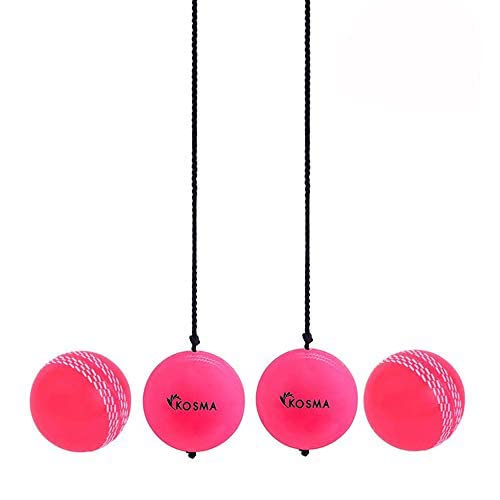 Kosma Set mit 4 Cricket-Bällen, 2 Stück zum Aufhängen für Cricket-Übungen, mit Reaktionsschnur in rosa Farbe und 2 Windbälle in rosa mit weißer Naht von Kosma