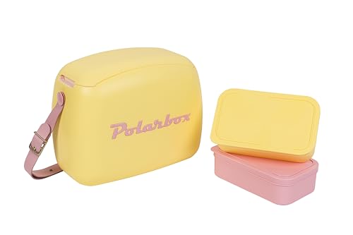 Kreher Kühltasche mit Brotdose, Kühlbare Lunchbox, Passive Kühlbox für Lebensmittel, Medikamente, Mittagessen im Retro-Design (Gelb/Rosa) von Kreher