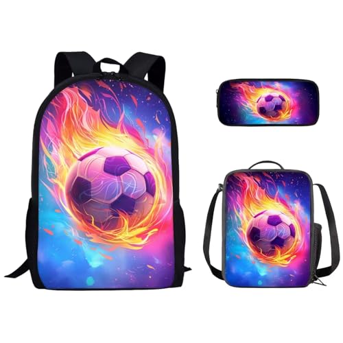 Kuiaobaty Fire Flame Fußball Schulrucksack für Jungen Büchertasche Rucksack 3D Fußball bedruckte Schultaschen mit Lunchbox und Federmäppchen, Ballfußball von Kuiaobaty
