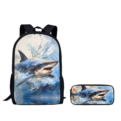 Kuiaobaty Kinder Schulrucksack von 2 Pack Kinder Schultasche mit Federmäppchen Große Kapazität Rucksack Stifteetui Set, hai, Rucksack Rucksäcke von Kuiaobaty