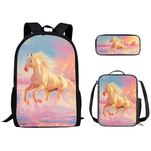 Kuiaobaty Niedlicher Tier-Rucksack für Mädchen, Büchertaschen-Set mit Lunch-Tasche, Federmäppchen, Schmetterlings-Rucksack, leichter Tagesrucksack, Weißes Pferd von Kuiaobaty