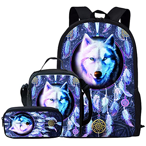 Kuiaobaty Schulranzen Set für Mädchen Jungen 3 in 1 Schultasche mit Lunchtasche Federmäppchen für Mittelschule Schule, Traumfänger Wolf, Einheitsgröße, Modern von Kuiaobaty