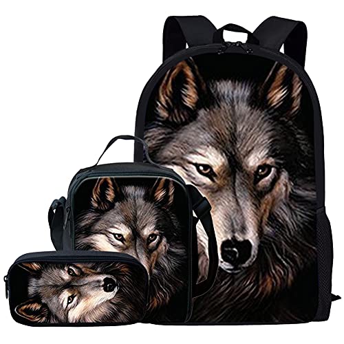 Kuiaobaty Schulranzen Set für Mädchen Jungen 3 in 1 Schultasche mit Lunchtasche Federmäppchen für Mittelschule Schule, Wolfsdruck, Einheitsgröße, Modern von Kuiaobaty