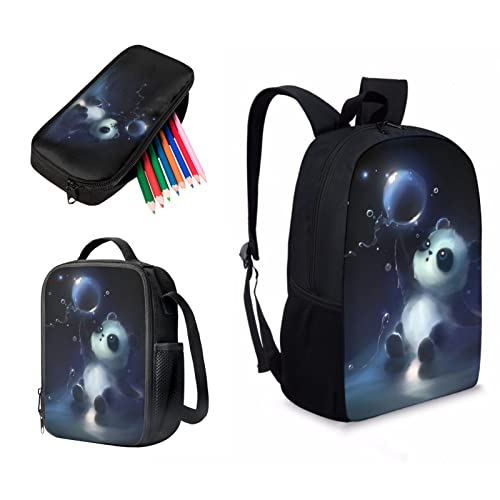 Kuiaobaty Schulranzen Set für Mädchen Jungen 3 in 1 Schultasche mit Lunchtasche Federmäppchen für Mittelschule Schule, panda, Einheitsgröße, Modern von Kuiaobaty