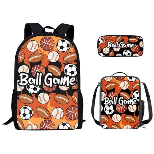 Kuiaobaty Schulrucksack Mädchen Jungen Tasche Set mit Lunchtasche Federmäppchen 3 in 1 Schultasche, Ballsport von Kuiaobaty