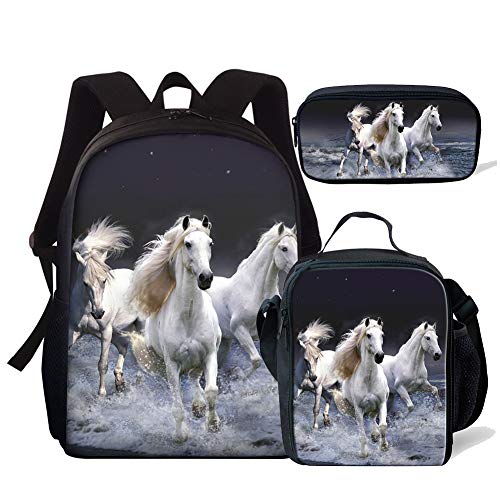 Kuiaobaty Schulrucksack Mädchen Jungen Tasche Set mit Lunchtasche Federmäppchen 3 in 1 Schultasche, Weißes Pferd, Einheitsgröße, von Kuiaobaty