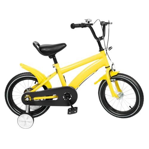 14 Zoll Kinderfahrrad mit Stützrädern Fahrrad Jungen Mädchen Kinder Fahrrad für ab 3-6 Jahre Fahrräder Kinderrad Ausbildungsfahrzeuge,56 cm auf 67 cm Höhe Einstellen (Gelb) von KumuJ