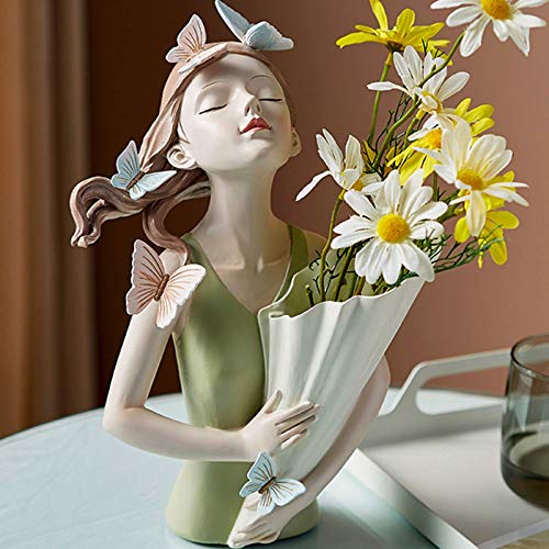 L.TSN Mädchen Statue mit Blumenfiguren, Schmetterling Mädchen Skulpturen Home Decor Modern, Home Wohnzimmer Tischkunst Dekoration, Grün von L.TSN