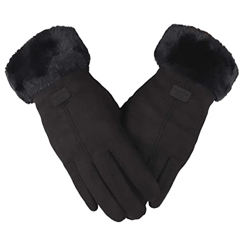 L9WEI Handschuhe Damen Touchscreen Lammfell Winterhandschuhe Warm Plüschhandschuhe Kaschmir Lederhandschuhe Fleece Gefütterter Damenhandschuh Outdoor Winddicht Fahrradhandschuhe (Black, One Size) von L9WEI