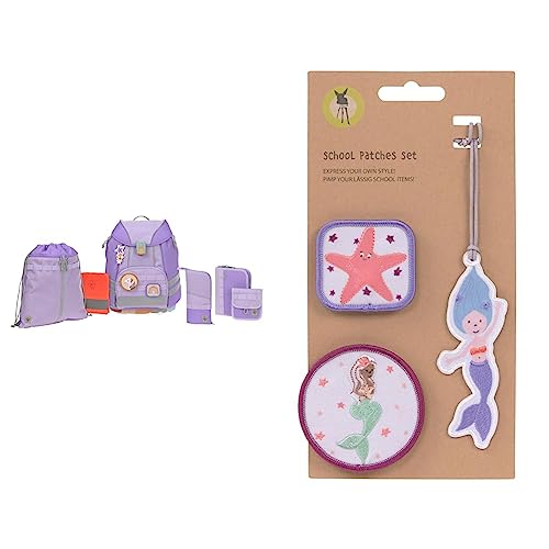 LÄSSIG 7-teiliges Schulranzen Set Kinder/School Set Flexy Unique violet & Anhänger und Patches Set/School Patches Set, Mermaid von LÄSSIG