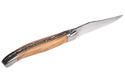 Laguiole en Aubrac Taschenmesser 12 cm, aufwendig graviert, Doppelplatine, Griffschalen Olivenholz, Klinge und Backen matt von LAGUIOLE en Aubrac