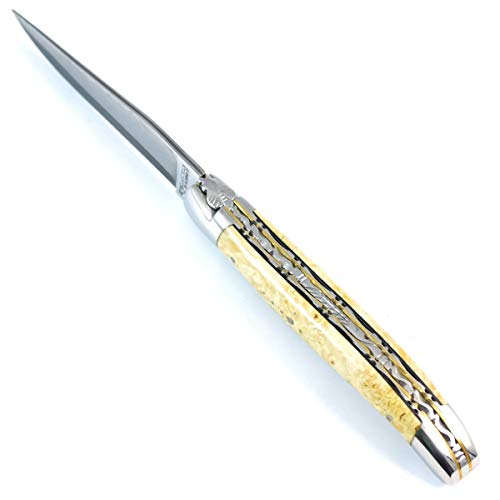 LAGUIOLE en Aubrac Taschenmesser Ahorn Wurzelholz Doppelplatinen Stahl/Messing, Klinge japanischer Damaststahl von LAGUIOLE