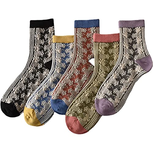 5 Paar Damen-Baumwollsocken mit Blumenmuster,Vintage 3D-geprägte Blumen-Geometrische Socken,Blumen-Retro-Stil, Neuheit, Baumwollsocken, warme Kleid-Knöchel-Crew-Socken für den Winter (5 Pairs-D) von LAKEMON