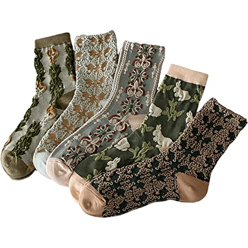 5 Paar Damen-Baumwollsocken mit Blumenmuster,Vintage 3D-geprägte Blumen-Geometrische Socken,Blumen-Retro-Stil, Neuheit, Baumwollsocken, warme Kleid-Knöchel-Crew-Socken für den Winter (5 Pairs-E) von LAKEMON