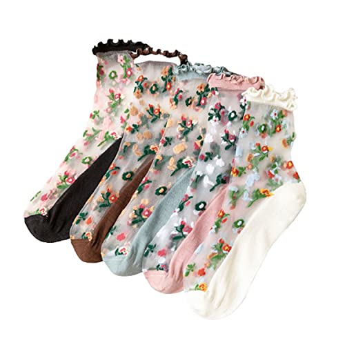 LAKEMON Blumenstickerei-Kristall-Seidensocken, Sommer ultradünne transparente Vintage-Spitzensocken, Blumenmuster-Socken für Damen (5Pairs) von LAKEMON
