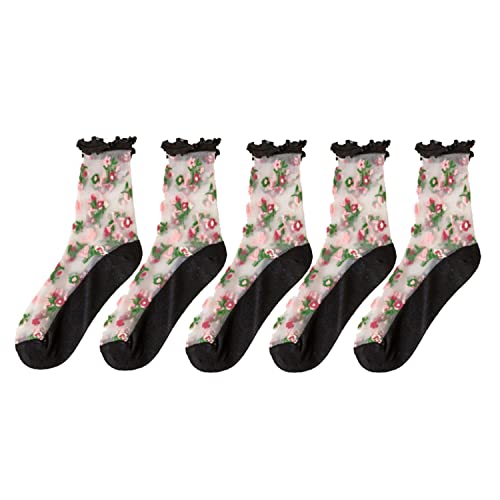 LAKEMON Blumenstickerei-Kristall-Seidensocken, Sommer ultradünne transparente Vintage-Spitzensocken, Blumenmuster-Socken für Damen (Black) von LAKEMON