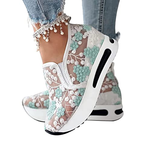 LAKEMON Floral Stickerei Atmungsaktive Sheer Mesh Sneakers,Keil Sneakers mit Stickerei für Frauen,2023 Frühling Spitze Mesh Freizeitschuhe (Green,37) von LAKEMON