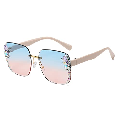 LAKEMON Randlose Diamant-Sonnenbrille für Damen, übergroße Diamant-Sonnenbrille mit Farbverlauf, beliebte Damen-Sonnenbrille mit großem Rahmen (Blue-Pink) von LAKEMON