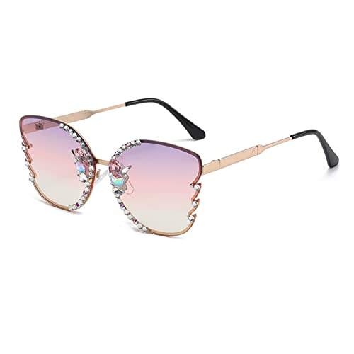 LAKEMON Randlose Strass-Sonnenbrille für Frauen, handgefertigte Diamanten, schrittweise Brillen, UV400-Vintage-Bling-Sonnenbrillen für Frauen (Pink Purple) von LAKEMON
