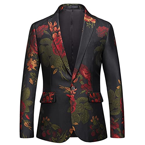 LAKKOA Blazer Herren, Herren Prom Anzugjacken Trendige Blume Blazer Anzugjacke Schwarz Lässige Slim Fit One Button Anzüge Mantel Floral Freizeitjacke Party Dinner Jacket S-4Xl,S von LAKKOA