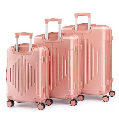 LALAHO Kofferset 3 teilig, Reisekoffer Set, Hartschalen Koffer Set aus ABS, Gepäckset mit Teleskopgriff, Handgepäck und Eckenschützern, Roségold von LALAHO