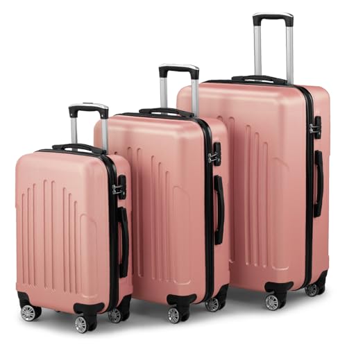 LALAHO Kofferset 3 teilig Hartschale, Reisekoffer mit Rollen Groß, Koffer Set 3 Stück aus ABS+PC, Handgepäck, Hartschalenkoffer Set, Roségold von LALAHO