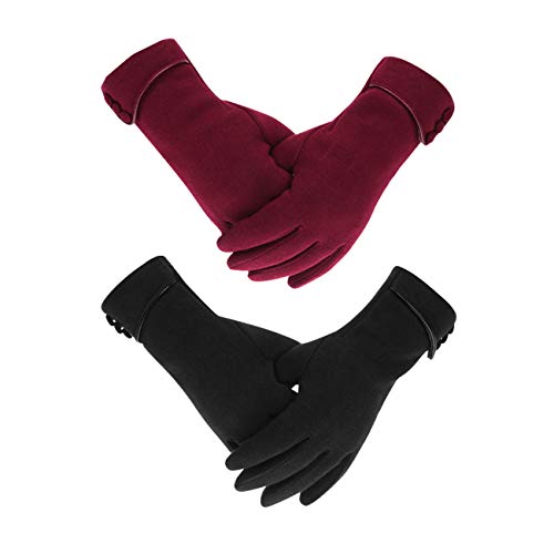 LAMA 2 Paar Damen Winter Handschuhe Touchscreen Handschuhe Warmer Plüsch Handschuh Gefüttert Winddicht Handschuhe Dicke Winterhandschuhe für Frauen Damen und Mädchen Schwarz + Rot von LAMA