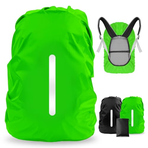 LAMA Rucksack Regenschutz wasserdichte 2 Stück Schulranzen Regenhülle mit Reflexstreifen Verstellschnalle für Wandern Klettern Camping Radfahren Reisen Outdoor Aktivitäten S 18L-25L Schwarz Grün von LAMA