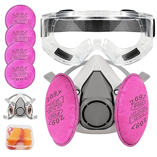 LAMANICE Atemschutzmaske für Halbgesicht, Wiederverwendbar Gesichtsschutz, mit 4 Pcs 2097 Filter und Schutzbrille, Ohrstöpseln, für Farbe, Staub, Chemische, Epoxidharz, Schneiden, Polieren von LAMANICE