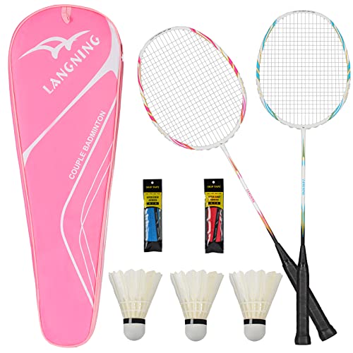 LANGNING badmintonschläger Set 2 pink Profi Carbon professionelle ultraleichte hochfeste Kohlefaser, einfach zu Spielen und flexibel, einschließlich 3 Badminton von LANGNING
