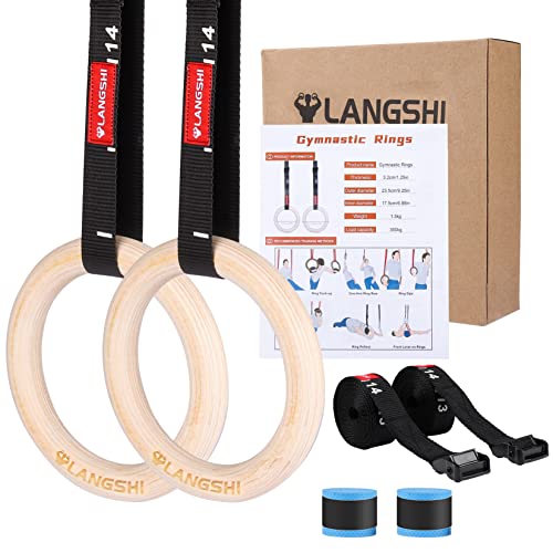 LANGSHI Gymnastikringe aus Holz, 32 mm, mit Schnallen, Gymnastikringe für Muskelaufbau, Bauchmuskeltraining, Krafttraining, Oberkörperstärke, Suspension-Training von LANGSHI
