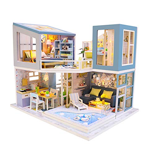 LANGWEI Dollhouse DIY Miniatur-Raumset, Blue Villa Assembly Modellspielzeug mit Staubschutz und LED-Leuchten | DIY Dollhouse Kit Miniaturmöbel von LANGWEI