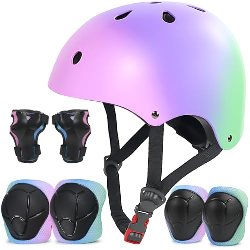 LANOVAGEAR Kinderhelm mit Knieschützern Ellbogenschützern Handgelenkschützern Schonerset Kinder Helm 7 in 1 für Skateboard Radfahren Scooter Roller Skate Bike (Rosa Lila Grün, M) von LANOVAGEAR