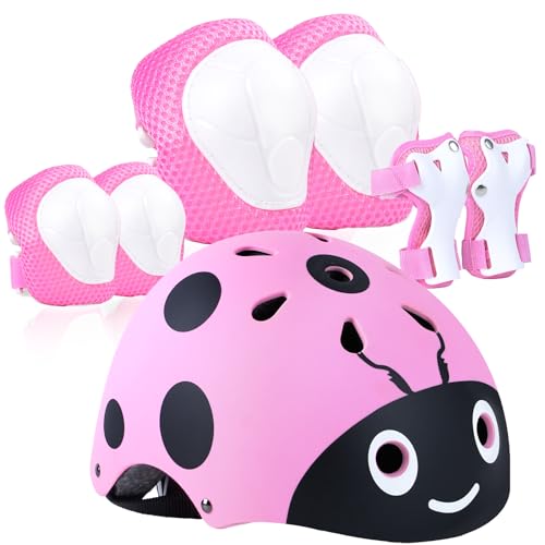 LANOVAGEAR Kinderhelm mit Knieschützern Ellbogenschützern Handgelenkschützern Schonerset Kinder Helm 7 in 1 für Skateboard Radfahren Scooter Roller Skate Bike (Rosa-jkc, S) von LANOVAGEAR