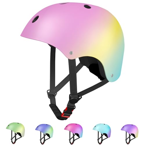 LANOVAGEAR Skaterhelm Fahrradhelm, Belüftung Sicherheit leicht Skateboarding Helm für Fahrrad Skateboard Scooter Kind Erwachsene (rosa+gelb+Zyan, M) von LANOVAGEAR