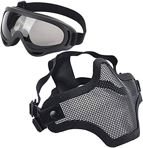 LAOSGE Paintball Maske, Airsoft Schutzausrüstung, Set mit Halbgesichtsmasken Maske Paintball Schutzbrille Klar Stahl Maske üBerbrille für CS/Jagd/Paintball/Shooting (Black) von LAOSGE