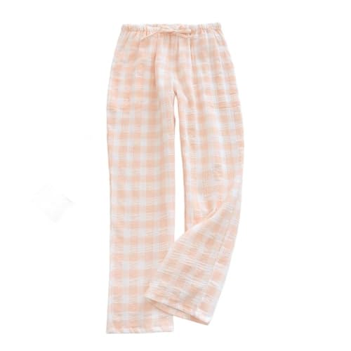 Baumwoll Karo Pyjamahose Für Damen, Lange Pyjamahose Für Damen Mit Taschen Und Kordelzug, Lounge Hose Mit Weitem Bein, Hose, Yoga Hose, Loungewear, Orange, S von LApooh