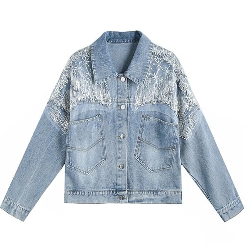 Jeans Jacken Für Damen,Elegante Gewaschene Damen-Jeansjacke, Bestickte Pailletten, Taillierte Jeans-Shacket-Trucker-Jacke, Stretch-Mantel, Biker-Jacke, Cardigan, Oberbekleidung, Übergangs-Blouson- von LApooh