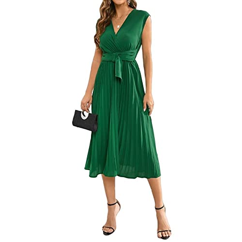 Damen Kleid,Damen-Sommerkleid Aus Chiffon, Solide, Schmal, Midikleider, Ärmelloses V-Ausschnitt, Schnürung, Faltenkleid, Elegante A-Linie, Fließendes Swing-Wickelkleid, Cocktailparty-Kleider Mit von LCDIUDIU