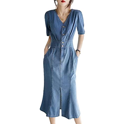 Damen Kleider Sommer,Damen-Jeanskleid Elegant Kurzärmelig V-Ausschnitt Button-Down-Kleid Vintage-Waschung Verblasstes Figurbetontes Kleid Sommer A-Linie Fließendes Midi-Jeanskleid Für Damen Und M von LCDIUDIU