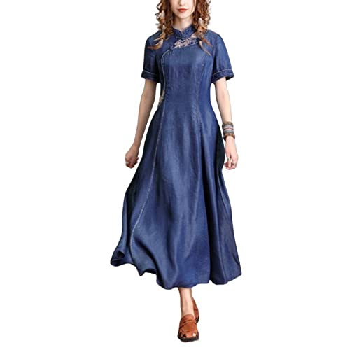 Elegante Kleider,Damen-Jeanskleid Blau Ethno-Stickerei Kurzärmelig Stehkragen Maxikleid Elegantes A-Linien-Großes Swing-Kleid Retro Handgefertigt Chinesische Schnalle Jeanskleid Lange Kleider M von LCDIUDIU